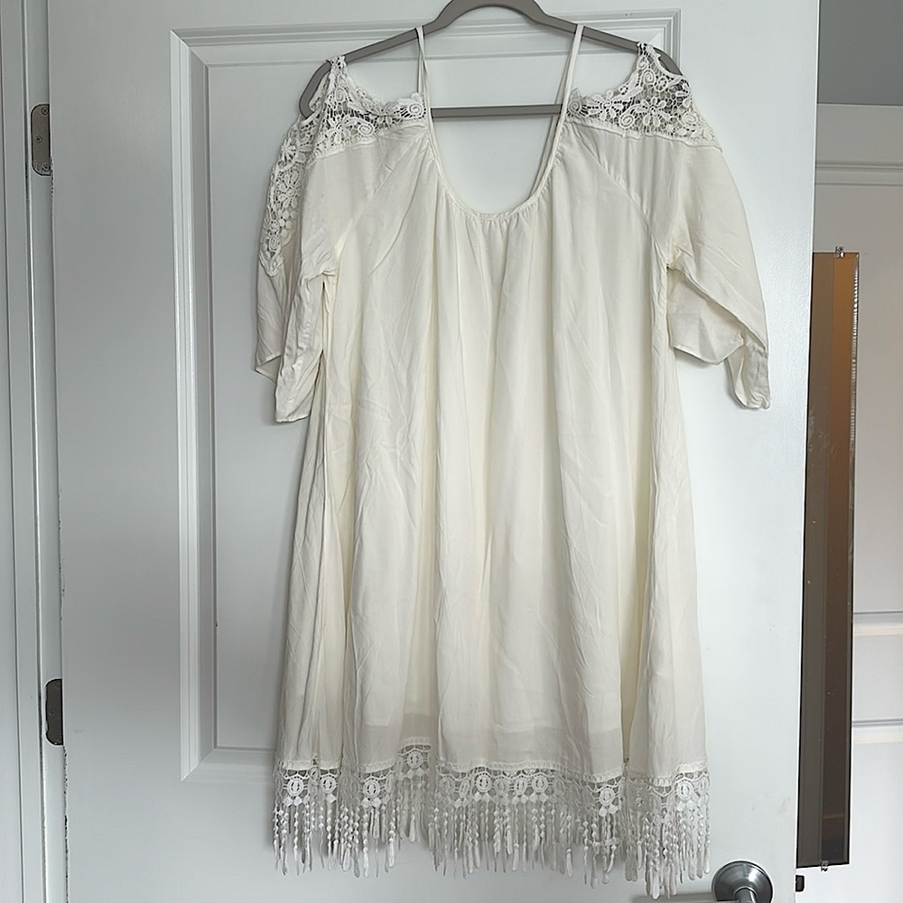 Lace white mini dress, flowy, bridal XL